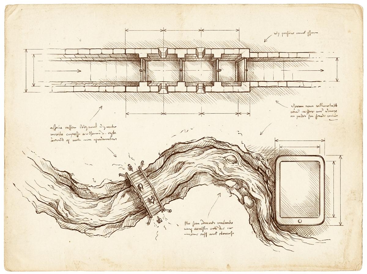 A notebook study: an engineered stone channel standing dry while the water cuts its own rough path below it.