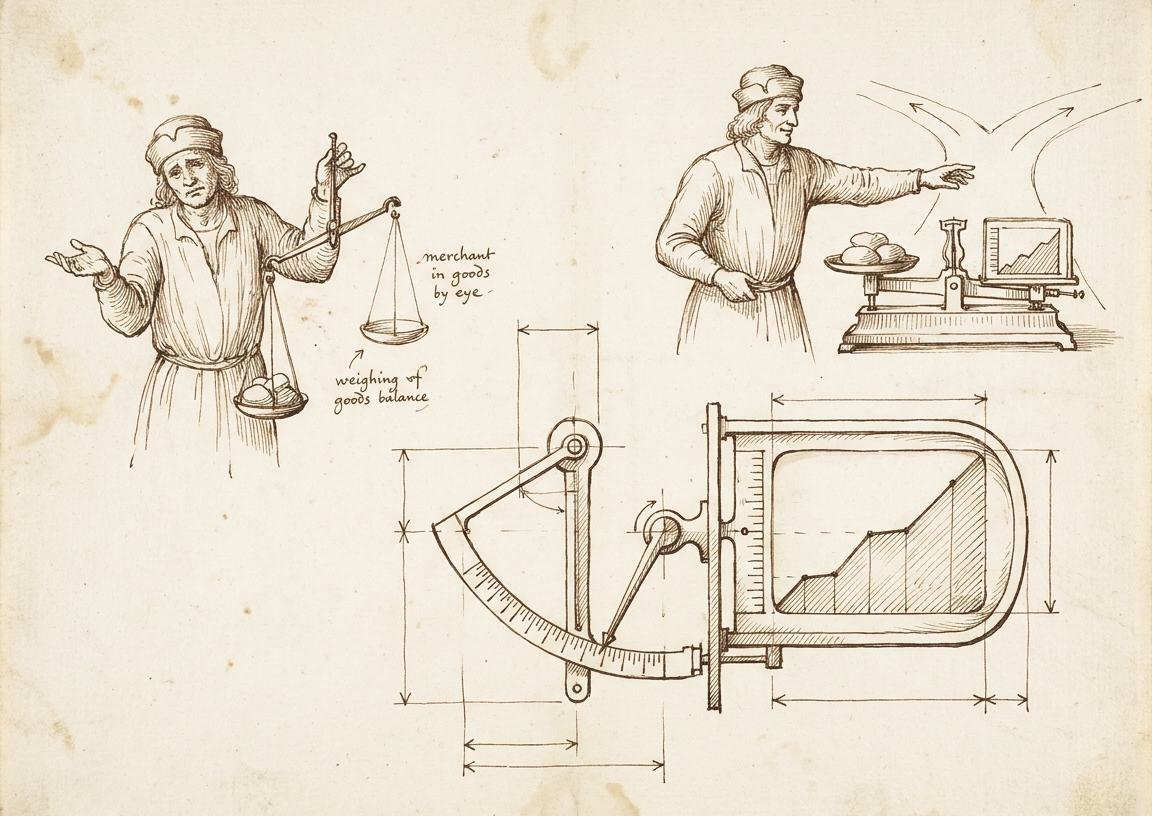 A notebook study: a merchant guessing on a hand held balance, and beside it the same goods on a graduated scale while he chooses between two roads.