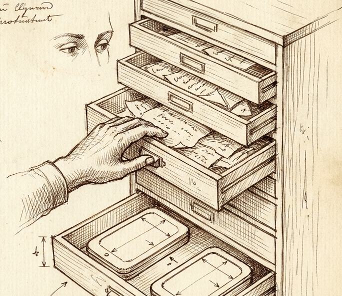 A notebook study: a cabinet of half open drawers, a hand searching one while the eyes look at another.